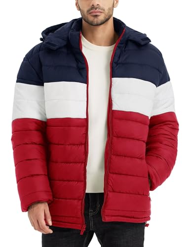 BEST SOUTH Men's Winter Puffer Jacket Hooded Puffy Fleece Warm Lightweight Coat Outerwear Cold Weather, Navy/White/Red, 4X-Large