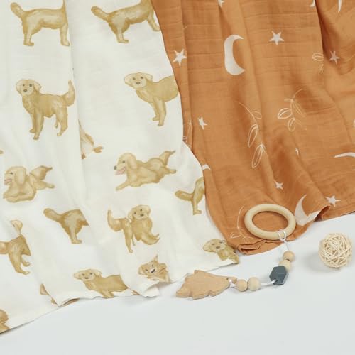Image of Muslin Swaddle Blankets Neutral, Baby Swaddling Wrap Nursery Blanket Unisex, Soft 70% Viscose from Bamboo and 30% Cotton, Large 47 x 47 inches, Labrador &Orange Boho Moon Swaddle Blanket
