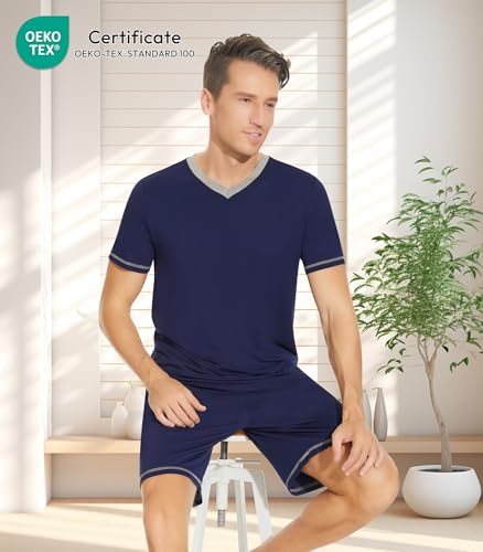 Image of NACHILA Pajamas for Men Pj Short Sleeve Sleepwear with Shorts V Neck Loungewear Cool Pajama,Viscose Made from Bamboo