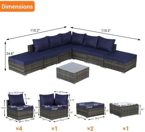 mikibama 8 Pieces Outdoor Patio Sectional Sofa Couch,Wicker Furniture Conversation Sets with Washable Cushions & Glass Coffee Table for Garden, Poolside, Backyard