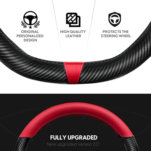 Carbon Fiber Steering Wheel Cover for Tesla Model 3/Y, Red Napa Leather, Easy to Grip, Tight Fit, Black Steering Wheel Covers for Model 3/Y Accessories (Red Napa-Carbon Fiber) by Junsungo - Image 2