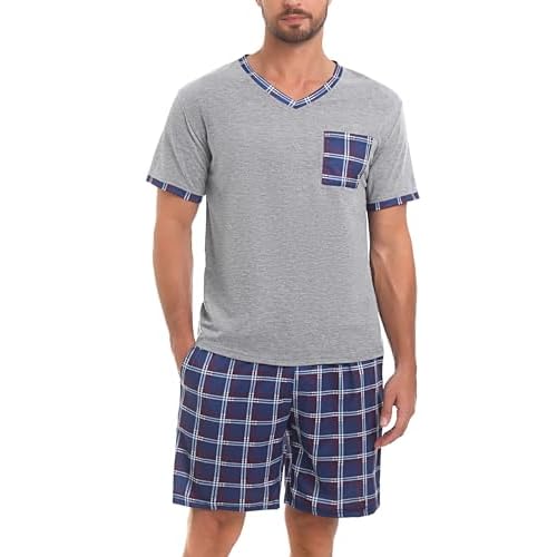 Marvmys Men's Short Sleeve Pajama Set Summer Pj Short Set 2 Pcs Loungewear Sleepwear with Pockets Small Grey Plaid