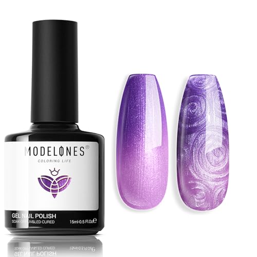 modelones Gel Nail Polish, 15 ML Pearl Gel Polish Color Changing Temperature Color Changing Mood Pearlescent Purple Pink Swirl Thread Texture Soak off UV Cured Gel Polish Salon Manicure Art