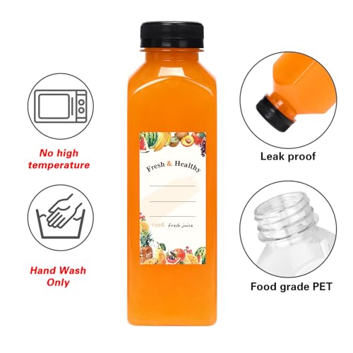 Moretoes 144pcs 16oz Plastic Juice Bottles with Lids, Reusable Clear Bulk Juice Containers with Caps for Juicing, Smoothies, Drinking and Other Beverages