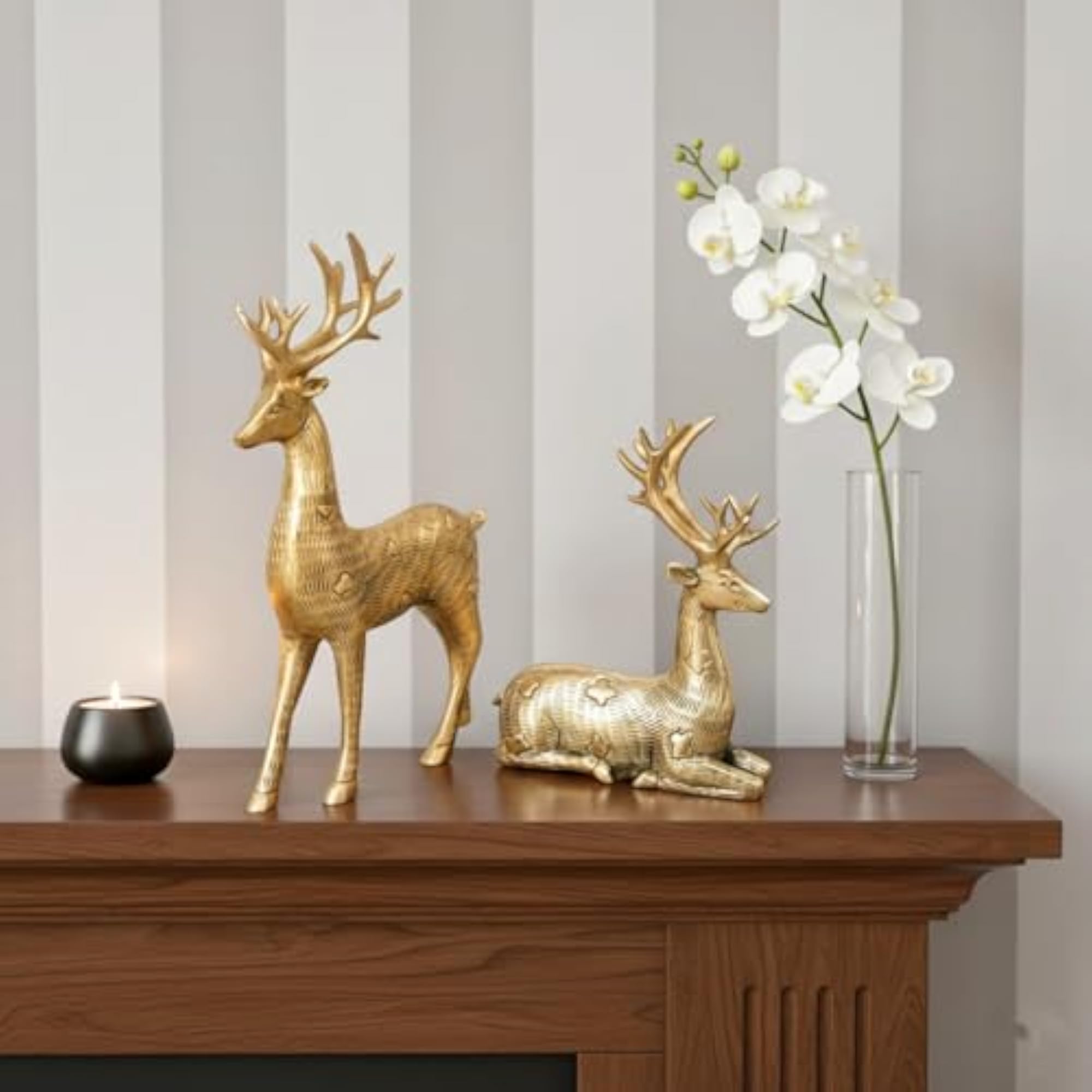 Handcrafted Brass Deer Figurine Set, 2 Piece