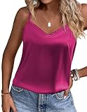 Ekouaer Women's Satin Camisole Lace Silk Satin Pajama Tank Tops V Neck Soft Spaghetti Strap Loose Sleepwear Rose Red Small