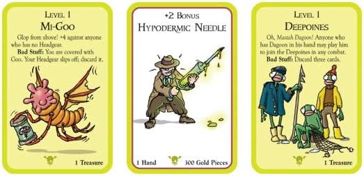 Three example cards from Munchkin Cthulhu 3: The Unspeakable Vault. From left to right: Level 1 Mi-Goo monster card, +2 Bonus Hypodermic Needle treasure card, and Level 1 Deepoines monster card.