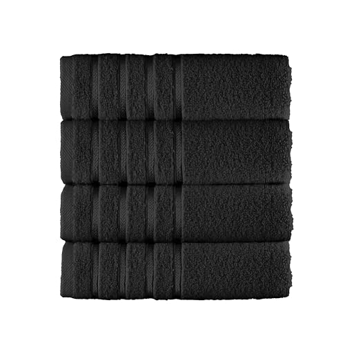 Image of Elegant Comfort 100% Turkish Cotton 4 Lines Viscose Stripe Luxury 4 Pack Hand Towel Set - Ultra Absorbent and Soft 16 x 28 Inch Premium Hotel Spa Quality Towels for Everyday Bath Use, Black