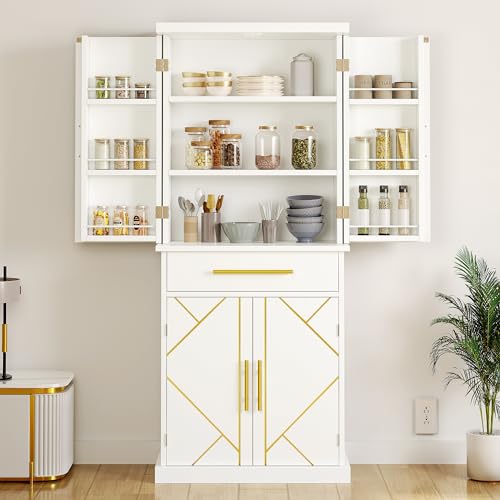 DWVO-Kitchen-Pantry-Cabinet-72-Tall-Freestanding-Buffet-Cupboard-Kitchen-Storage-Cabinet-with-Drawer-6-Side-Shelves-Food-Pantries-for-Dining-Room-Living-Room-Kitchen-White DWVO Kitchen Pantry Cabinet 72 Tall Freestanding Buffet Cupboard Kitchen Storage Cabinet with Drawer 6 Side Shelves Food Pantries for Dining Room Living Room Kitchen White
