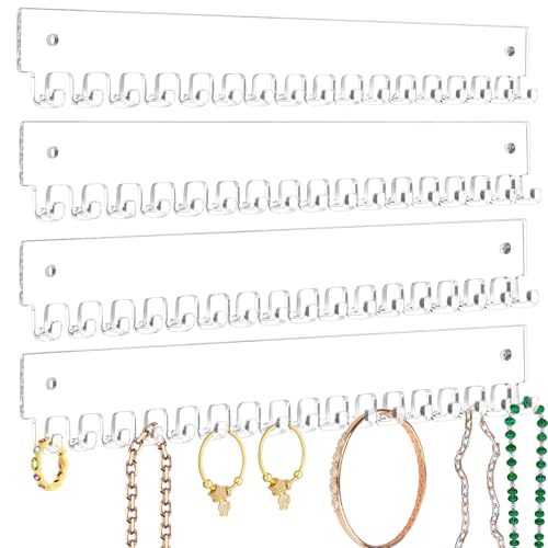 milylove Acrylic Necklace Holder 4 Pack Wall Mounted Necklace Organizer Hanging Jewelry Organizer with 17 Hooks for Necklaces, Bracelets, Rings and Bangles Display (14.17 inch)