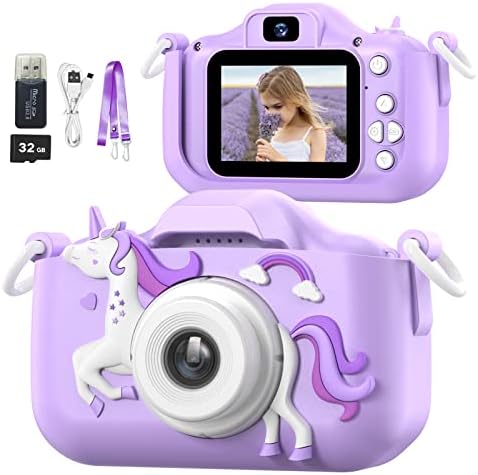 Mgaolo Children's Camera Toys for 3-12 Years Old Kids Boys Girls,HD Digital Video Camera with Protective Silicone Cover,Christmas Birthday Gifts with 32GB SD Card (Unicorn Purple)