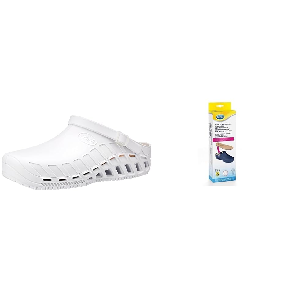 Scholl Clog Evo Blanco + Plantillas Antiestáticas Scholl con Memory Cushion para Clog Evo – Blanco/Marrón