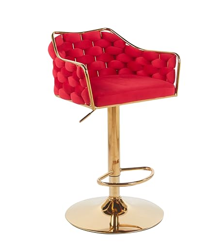 Image of Creative Upholstered Red Bar Stool with Golden Plated Base | Modern Counter Height Chair with Padded Seat, Swivel & Footrest (Pack of 1)