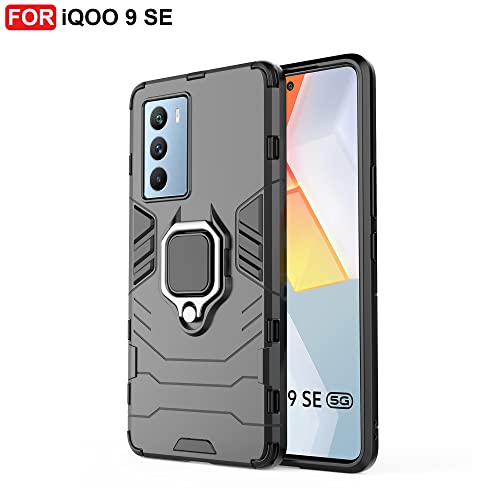 Image of CEDO Kickstand Cover for iQOO 9 SE (5G) Rugged Case | Built-in Stand Rotating Ring Holder | Military Grade Armor Bumper Back Cover (Black)
