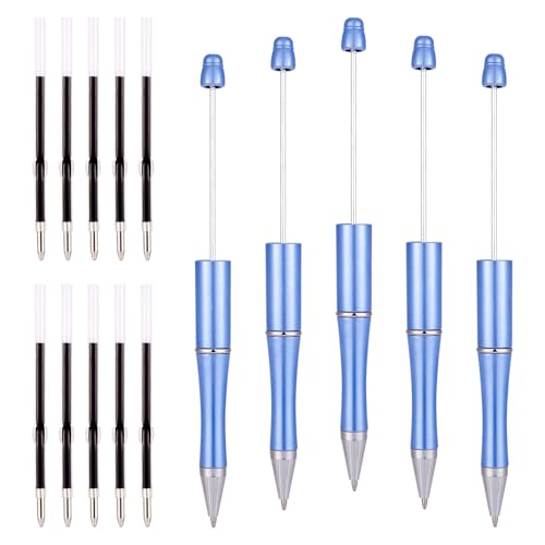 PandaHall 5pcs Beadable Pens with 10pcs 1mm Pen Refills Plastic Beaded Pens Shaft Black Ink Ballpoint Pens for Pen Making School Office Craft Supplies Blue