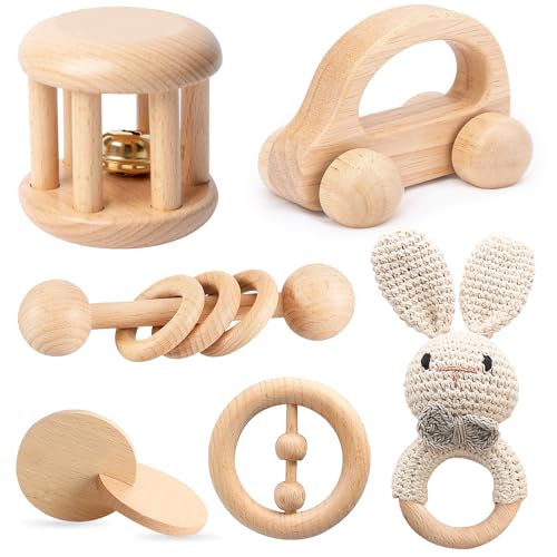 Image of Wooden Baby Toys, 6PCS Wooden Rattle for Baby, Montessori Toys for Babies 0-6 -12 Months, Wood Rattles Set for Infant Grasping, Wooden Rattles Push Car Crochet Bunny Rattle Toy for Newborn Infant