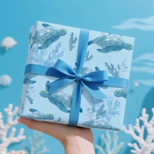 WRAPAJOLIC Sea Turtle Wrapping Paper Roll - Mini Roll - 17 Inch x 16.5 Feet - Under the Sea Wrapping Paper with Turtles and Coral Design Perfect for Boys Girls Kids Birthday, Baby Shower by WRAPAHOLIC - Image 4
