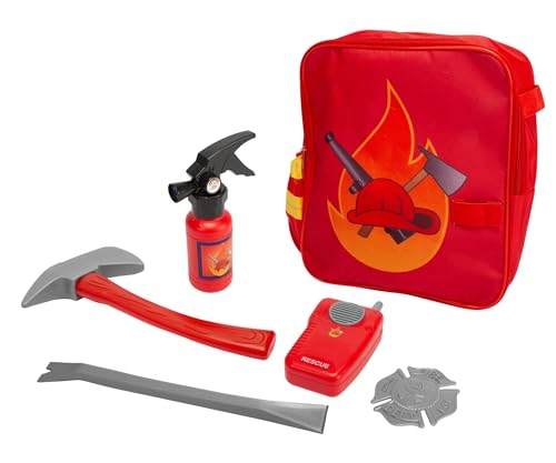 Simba Feuerwehr Rucksack Set, Feuerlöscher mit Sprühfunktion, Axt, Funkgerät mit Sound, Brechstange und Marke, Rollenspielzeug, ab 3 Jahre