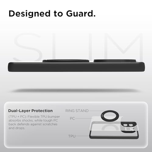 Image of RIGGEAR Shockproof Sleek Hybrid Armor 360 Rotating Magnetic Ring Stand Back Cover Case Compatible with MagSafe Accessories for iQOO 12 5G (Clear PC + Black TPU Bumper)