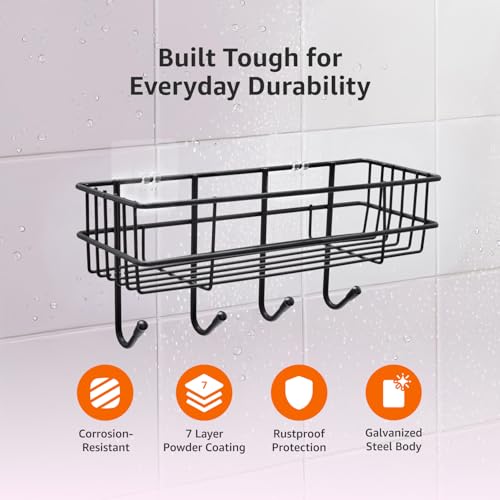Image of Amazon Basics Self-Adhesive Wall Shelf - No-Drill Multipurpose Bathroom /Kitchen Organizer with Hooks and Towel Holder, Rust Proof GI Steel Organizer | Black, 28.2 x 9.8 x 11.5 cm, Pack of 4