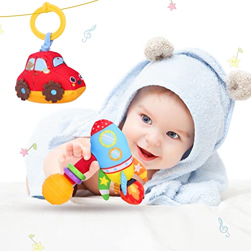 Hochet Bebe et Jouets pour Poussettes Ensemble Hochet Peluche Fusée Vibrer Voiture Jouet avec Poignée Jouet Bebe Eveil Sensoriel Cadeau Naissance pour Fille Garcon 0 3 6 9 Mois(2 Pack) Cover