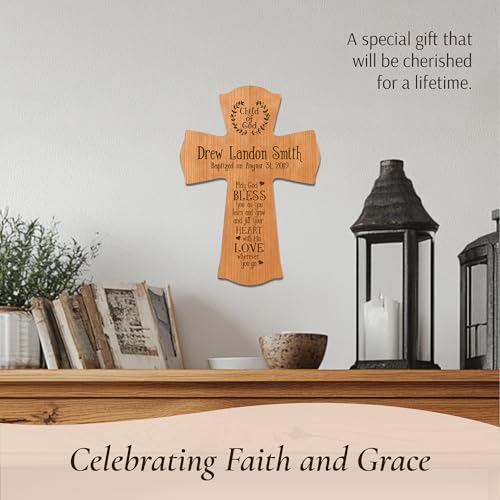 Image of LifeSong Milestones Personalized Baptism 1st Holy Communion Christening Gifts Custom Wall Cross Child of God. May God BLESS you as you learn and grow. Maple wood cross (Cherry) 8.5 inch x 11 inch