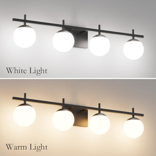 Image of Ralbay Black Vanity Lights for Bathroom Milky Glass Mid Century Modern Bathroom Vanity Wall Light Over Mirror, Black 4-Lights