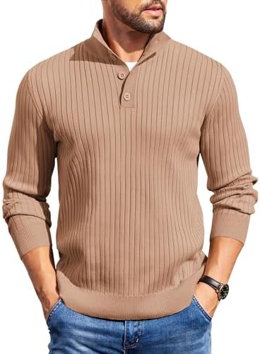 COOFANDY Mens Quarter Button Sweater Long Sleeve Stand Collar Swe...