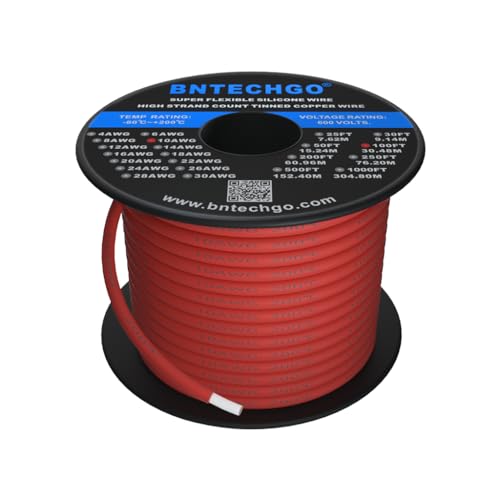 BNTECHGO 10 Gauge Silicone Wire Spool Red 100 feet Ultra Flexible High Temp 200 deg C 600V 10 AWG Silicone Rubber Wire 1050 Strands of Tinned Copper Wire Stranded Wire for Model Low Impedance
