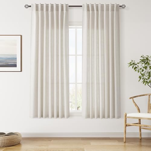 Image of Linen Curtains 63 Inch Long for Living Room Back Tab Pearl White