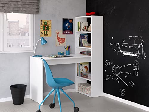 Dmora - Bureau Denton, Bureau réversible avec bibliothèque 5 étagères, Table d'étude ou de bureau pour support de livre PC, 120x53h144 cm, Blanc