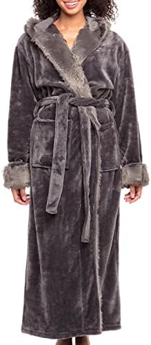 Alexander Del Rossa Women’s Robe, Warm Fleece Hooded Bathrobe with Two Large Front Pockets and Tie Closure, Steel Gray with Faux Fur, Small-Medium