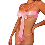 Women's Sexy Lingerie Set, Two Piece Bra and Panty Sets for Women Halting Neck Stain Naughty Lingerie with Big Bow Pink M