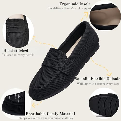 Image of Women's Knit Slip On Loafers - Breathable Mesh Flats with Memory Foam Insole & Arch Support, Non-Slip Comfortable Shoes for Work Office Commute, Driving, Casual Daily Walking (Wide Foot Friendly)
