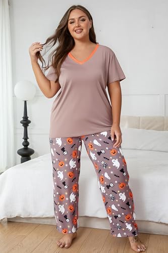 Image of Vozanet Women's Pajama Sets Short Sleeve with Long Pant Soft Sleepwear Printed pj Loungewear With TWO Pockets Size 1X to 5X