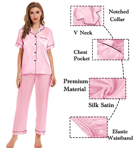 Image of SWOMOG Womens Silk Satin Pajamas Sets 4pcs Sleepwear Sexy Cami Shorts Set and Button Down Short Sleeve Pjs Loungewear Rose Pink X-Small