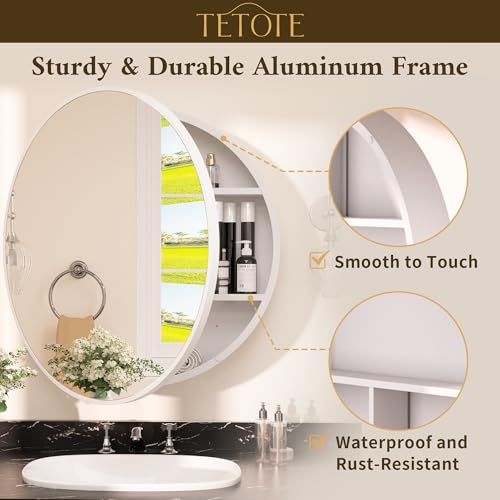 Image of TETOTE Bathroom Mirror Cabinet 28 x 28 White Round Bathroom Medicine Cabinet with Mirror Adjustable Shelves Farmhouse Wall Mirror with Storage Surface Mounted