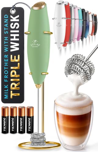 Image of Zulay Kitchen Powerful Milk Frother Wand With Duracell Batteries - Ultra Fast Handheld Drink Mixer - Electric Whisk Foam Maker for Coffee, Lattes, Cappuccino & Matcha - Triple Whisk - Olive Gold
