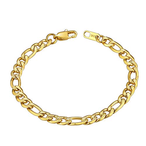 ChainsHouse Figaro Link Chain Bracelet, Mens Gold Bracelet Stainless Steel/Black/14K Gold Plated Wrist Figaro Bracelets for Men Women, 6MM-13MM, 7.5"/8.3", Send Gift Box a: 6mm-gold 8.3 Inch