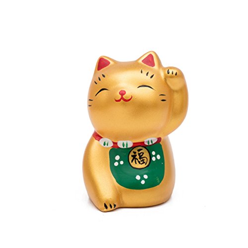 THY COLLECTIBLES Hand Painted Golden Feng Shui Mini Maneki Neko Lucky Cat Fu (Fortune)