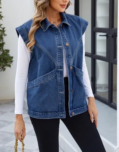 Ladyful Womens Oversized Denim Vest Long Jean Vest Top Utility Button Down Sleeveless Jean Jacket with Pockets4