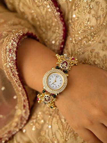 Image of Kashmiri Meenakari Round Dial Bracelet Watch, Gold Tone, Red and Green Kundan, Traditional Indian Jewellery Style