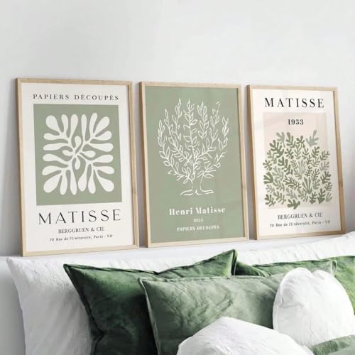 Sage Matisse Wall Art Poster, Green High quality Wall Art Set Of 3,Minimalist Botanical Room Decor, Canvas Prints,Art Poster Wall Posters Unframed (green,30x40cm)