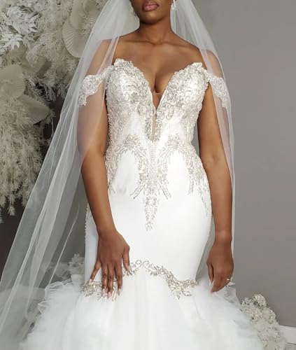 Mermaid Wedding Dresses for Bride Off The Shoulder Beaded Rhinestones Bridal Dress with Cathedral Train2
