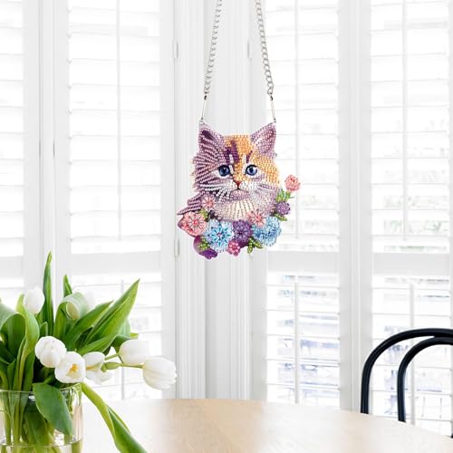 Image of Cat Diamond Painting Hanging Kit, DIY Crystal Acrylic Sun Catcher Diamond Art for Adults, 5D Special Shaped Rhinestone Pendant Ornament for Window Wall Decoration, Handmade Gift for Cat Lovers