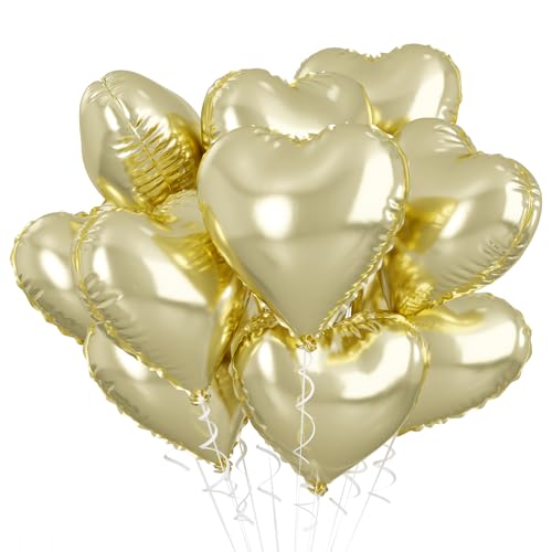 Image of Pastel Gold Heart Balloons - 18 Inch Foil, 10 Pcs Love Balloons for Valentines Day, Birthday, Wedding, Bridal, Baby Shower Decorations