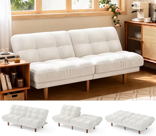 AMADA HOMEFURNISHING 65 Futon Sofa Bed Convertible Futon Couch with Adjustable Backrest Ergonomic Recliner Sleeper Sofa with Corduroy Fabric for Living Room Office Guest Room (White)