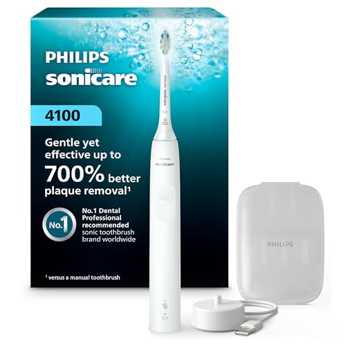 Philips Sonicare 4100 Rechargeable Electric Toothbrush, Advanced Plaque Removal, Pressure Sensor, Includes Brush Head Case, White BD5002AZ