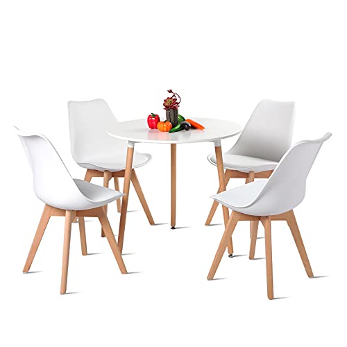 EGGREE Ensemble Table et 4 Chaises Scandinave, Table de Salle à Manger Ronde en Bois 80cm avec Chaises de Cuisine - Blanc