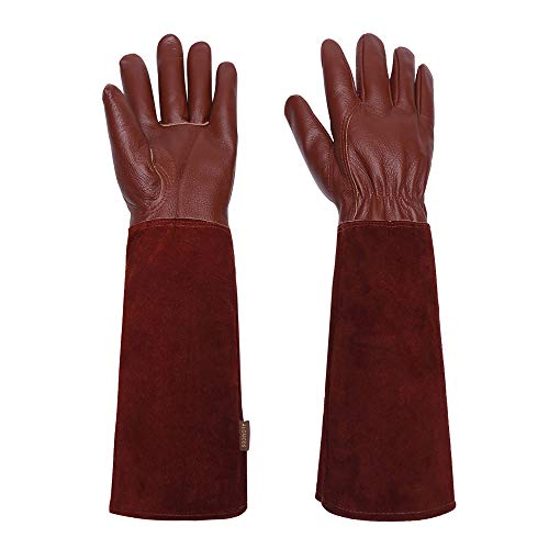 Gardening Gloves for Women / Men- Alomidds Rose Pruning Thorn & Cut Proof Elbow Length Durable Cowhide Leather Garden Work Gloves for Pruning Cacti Rose and Thorny Bushes (S, Brown)